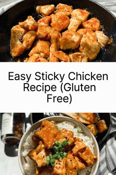 easy sticky chicken recipe gluten free in a skillet with rice and cilantro