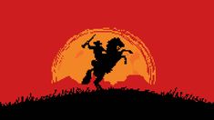 the silhouette of a man riding a horse on top of a hill in front of an orange sunset