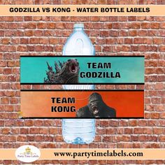 two water bottles with gorillas on them and the words team godzilla are in front of a brick wall