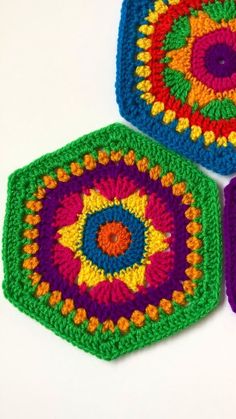 This crochet pattern is for making colourful hexagons; you can use a hexagon as a doily or join a few hexagons to make a blanket, bag, scarf or anything else you like.

Diameter of the hexagon is about 7.8 inches (20 cm).
************************************************
In this pattern round endings are sewn perfectly !! You won't be able to tell where they are !! Crocheted Afghans