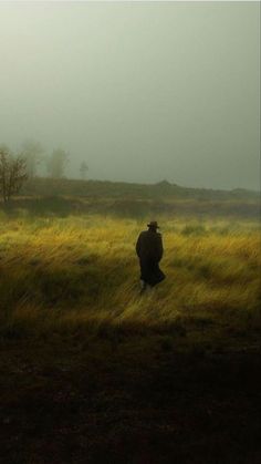 a person walking through a field in the fog