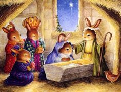 three rabbits in a nativity scene with the birth of jesus