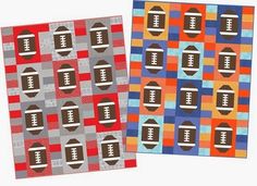 two quilts with different designs on them, one is orange and the other is blue