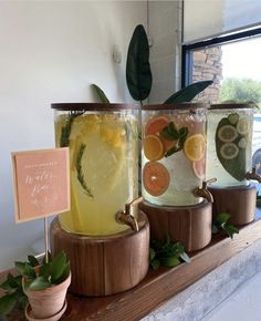 three glasses filled with different types of drinks on top of a wooden shelf next to plants