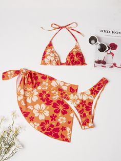 Multicolor Sexy Collar   Floral  Embellished High Stretch  Women Clothing Hibiscus Bathing Suit, Shein Bikinis, Cute Summer Bikinis, Floral Bikinis, Blusas Crop Top, Tropical Swimsuits, Tropical Bikinis, Swimsuit Beach, Trendy Swimwear