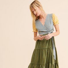 Check Wrap Dress | Nuuly Rent Hand Sewn Dress Patterns, Wrap Dress Layering Outfit, Summer 2024 Dresses, Wrap Dress Pattern Free, Dress Layering Outfit, Layered Summer Outfits, Patchwork Dress Pattern, Wrap Dresses Summer, Dress Layering