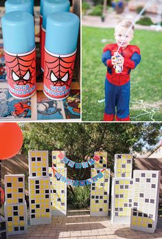 a spiderman birthday party with balloons and decorations for the kids to play in it