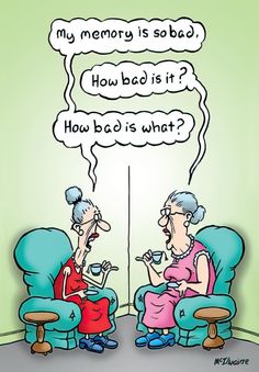 two elderly women sitting in blue chairs talking to each other with speech bubbles above them