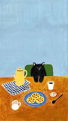 a painting of a black cat sitting at a table with food and drinks on it
