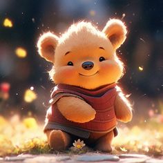 a small teddy bear dressed up as winnie the pooh in front of some flowers