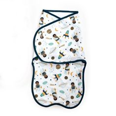 two bibs with space print on them, one is white and the other is blue