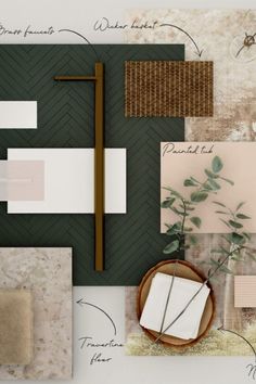 Material Board for a bathroom design Spa Relaxing, Herringbone Tiles, Green Tile Bathroom, Material Board, Interior Design Boards, Interior Design Mood Board, Green Tile, Green Bathroom, Home Decor Ideas Living Room