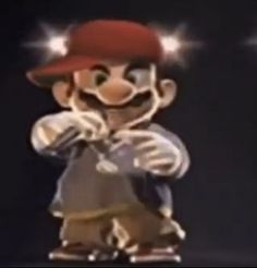 a cartoon character is standing on stage with his hands in his pockets and wearing a red hat