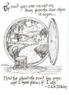 a drawing of an open door with a chair in front of it that says, the road goes on and there is no path