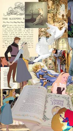 the sleeping beauty collage has been altered to look like it is in disney's storybook