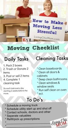 moving checklist with two people holding signs and the words moving checklist daily tasks