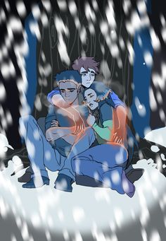 two people sitting on a couch in the snow with their arms wrapped around each other