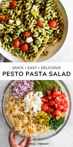 pasta salad with pesto, tomatoes and onions in a bowl next to the recipe