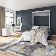 a bedroom with a bed, desk and bookcases on the wall next to it