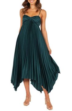Allover pleats lend graceful movement to this rich satin maxi designed with slender adjustable straps and a drapey asymmetric hem. Slips on over head Sweetheart neck Adjustable straps Partially lined 100% polyester Hand wash, dry flat Imported Bridesmaid Outfit, Maxi Design, Usa Dresses, Satin Maxi, Clothing Details, Satin Maxi Dress, Sweet Heart, Women Maxi, Dress Midi