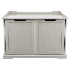 a white storage cabinet with two doors on the front and one door open to reveal it's contents