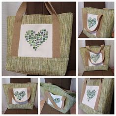 four pictures show how to sew a bag with the same design as it is