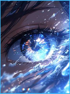 an anime character's eye with water splashing all over the place and around it
