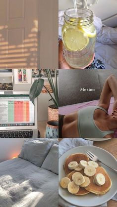 there is a collage of photos with bananas and lemons on the bed, in front of a laptop
