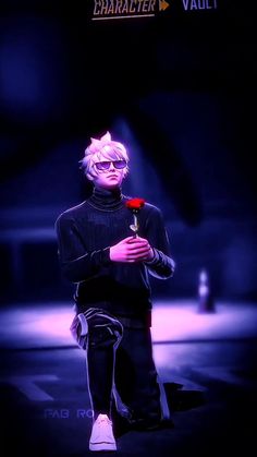 a man with white hair and glasses holding a red rose in his hand while standing on a runway