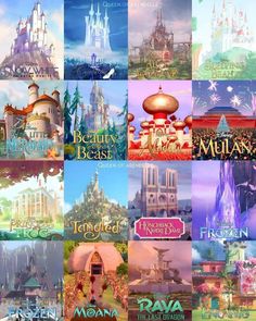 the disney castle collage is shown in many different colors