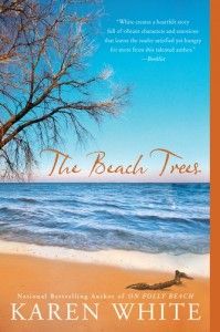 the beach trees book cover with an orange frame and blue ocean in the background,