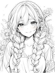 a drawing of a girl with long hair and braids in front of sunflowers