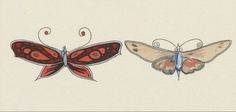 two butterflies with red and blue wings are facing opposite directions, one is larger than the other