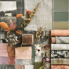 an assortment of fabric samples with flowers and other things on them, including cloths