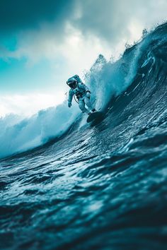 a man riding a wave on top of a surfboard in the middle of the ocean