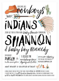 Cowboys & Indians Baby Shower Invitation for Little Baby Boys. Each 5"x7" invite is printed on a card stock of your choice (all lovely options!) and comes with a white A7 envelope. #luxurypapergoods #cowboysandindiansbabyshower #kittymeowboutique Indian Baby Shower Invitations, Crochet Patterns Free Baby Boy, Cowboy Baby Shower Invitations, Indian Baby Showers, Crochet Patterns Baby Boy, Cowboy Baby Shower, Indian Baby, Luxury Invitation