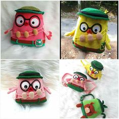 four pictures of different items made to look like characters from the angry birds movie, including backpacks and purses