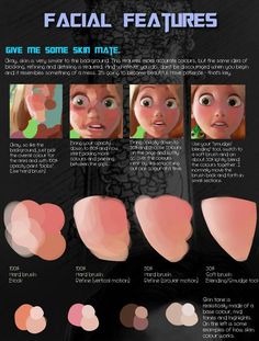 an info sheet with different facial features for the character's face and body, including two