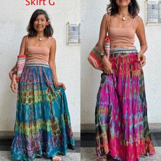 "Handmade tie dye maxi skirt. Elastic waist. 4 different color tone. NOTE: This is 100% hand dye so each piece can look slightly different. Measurements: One size only as the measurements!! Waist 20\" stretch up to 44\" Hip 50\" max. Length 38\" CARE: Machine wash cold." Maxi Skirt Hippie, Tye Dye Skirt, Beach Maxi Skirt, Skirt Beach, Tie Dye Maxi Skirt, Tie Dye Crafts, Peasant Skirt, Tie Dye Maxi, Color Tone