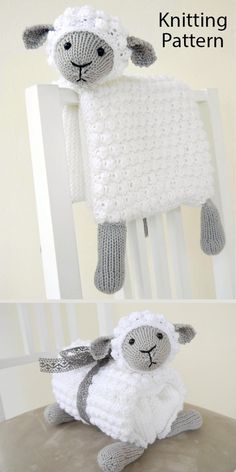 a crocheted sheep sitting on top of a chair