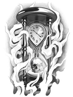 a black and white drawing of a clock with skulls on it's sides, surrounded by flames