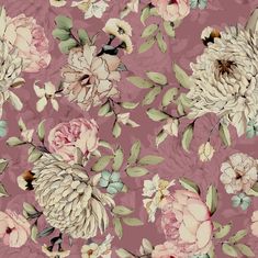 a pink floral wallpaper with lots of flowers