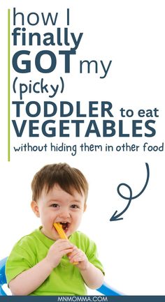 text states "How I finally got my picky toddler to eat vegetables without hiding them in other food". Image shows a happy toddler boy in a green shirt eating a vegetable Types Of French Fries, Veggie Appetizer, Toddler Wont Eat, Veggie Appetizers, Toddler Picky Eater, Eat More Veggies, Eat More Vegetables, Hidden Vegetables