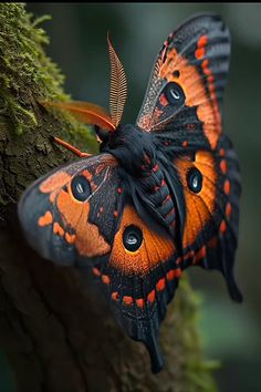 an orange and black butterfly sitting on top of a tree