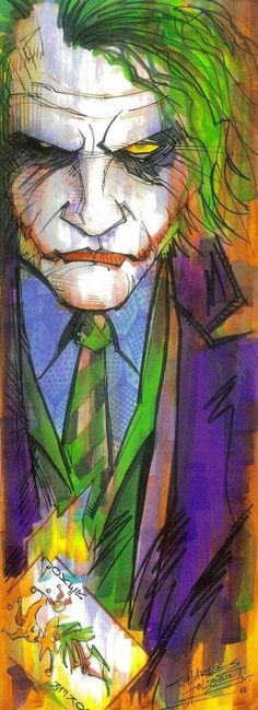 a drawing of the joker with his green hair and suit on, holding a piece of paper