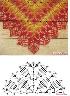 the crochet pattern is shown in red and yellow, with an orange border