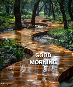 the words good morning are in front of an image of a wooden path with water running through