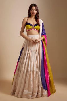 Peach tissue skirt with gathered tiers. Comes with badla, zari embroidered multi colored blouse and matching dupatta. - Aza Fashions Choli Combination, Navratri Collection, Multi Color Blouse, Chaniya Choli, Tier Skirt, Tiered Skirt, Skirt Pattern, Aza Fashion, Multi Colored