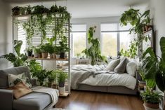 a living room filled with lots of potted plants next to a bed covered in blankets