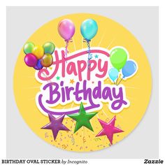 a happy birthday sticker with balloons and stars